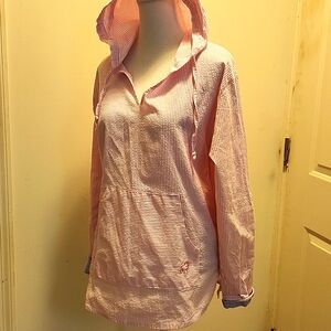 Buoy Baja pink White Seersucker Pull-Over Hoodie Size Large EUC light weight